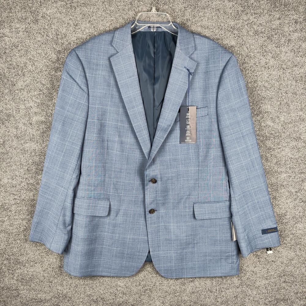 Stafford Suit Jacket Mens 50 Regular Blue Plaid Wool Blend Classic Fit Coolmax